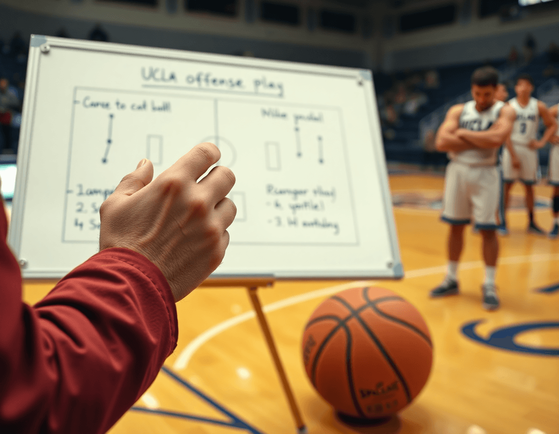 Close-up on coach's hands and a whiteboard detailing ucla offense basketball play, with a basketball on the hardwood.