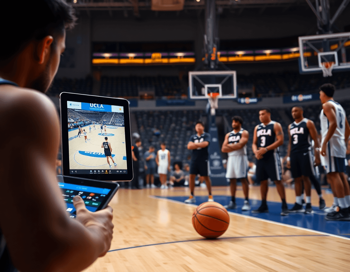Tablet review of ucla offense basketball clips for players on the hardwood.