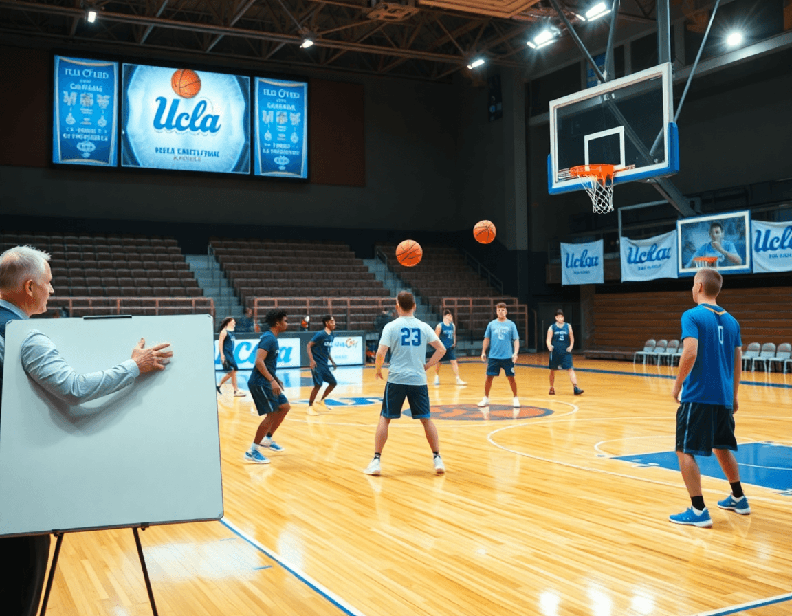 Wide view of ucla offense basketball practice in a college gym, a basketball on the hardwood.