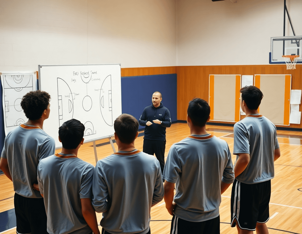 Coach planning on a whiteboard beside blank basketball court templates on the wall.