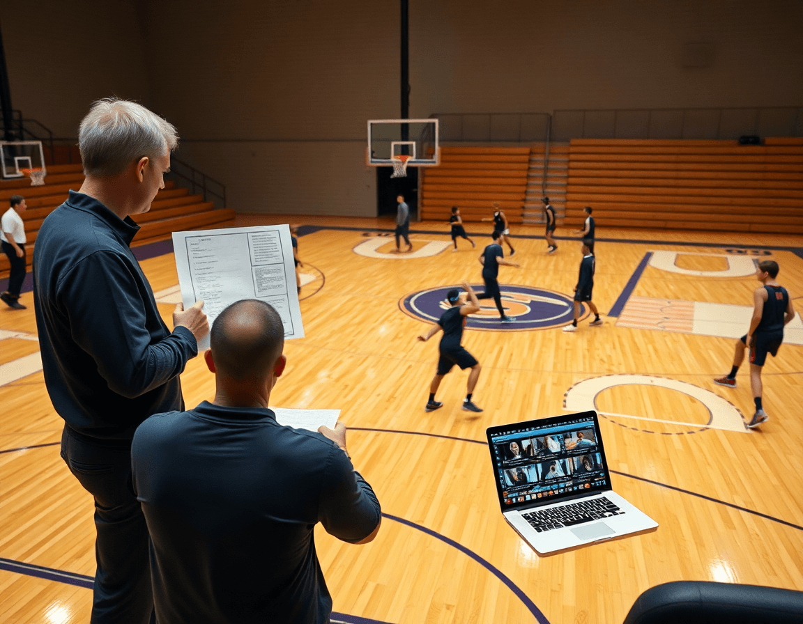 Coaches review scouting notes beside blank basketball court templates while a laptop shows clips.