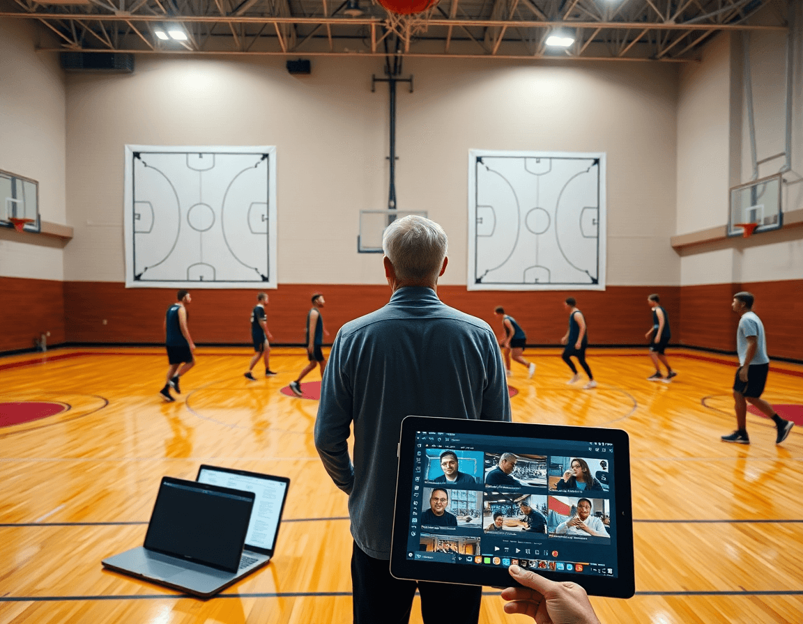 Wide shot of a team practicing in a gym with blank basketball court templates visible on the wall.