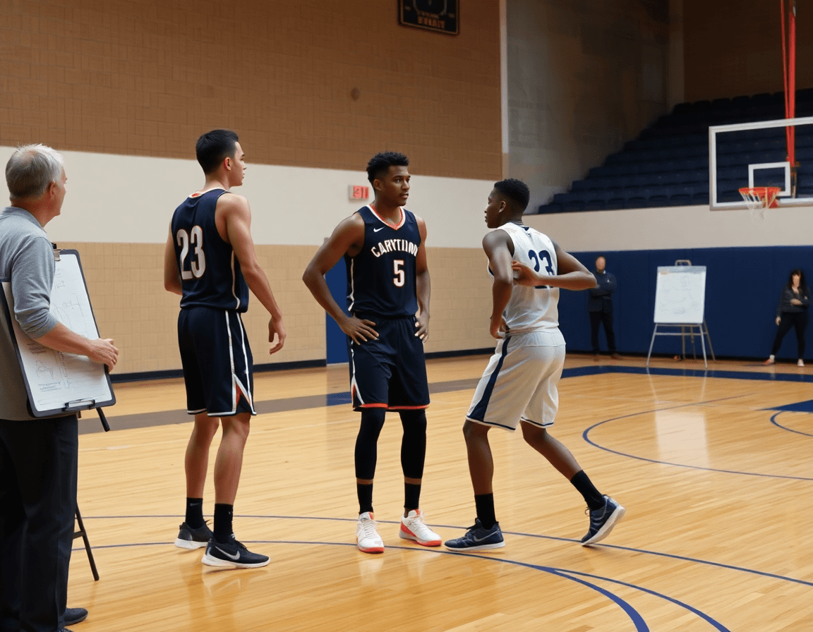 Close-up of two players executing a basketball drill during practice.
