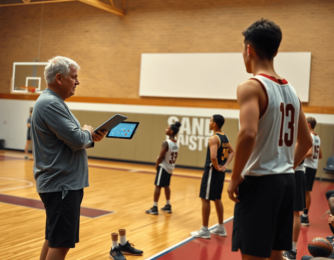 Coach and assistant review basketball plays on a tablet beside the court.
