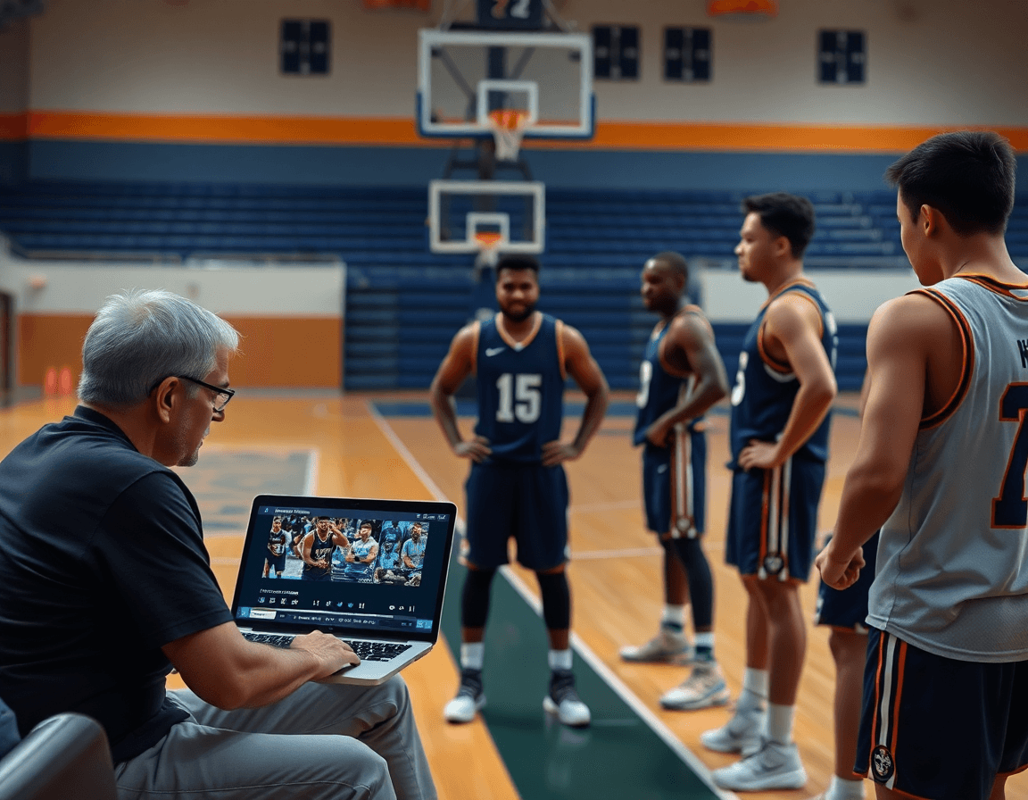 Close-up of a laptop displaying basketball clips as players study a basketball playlist.