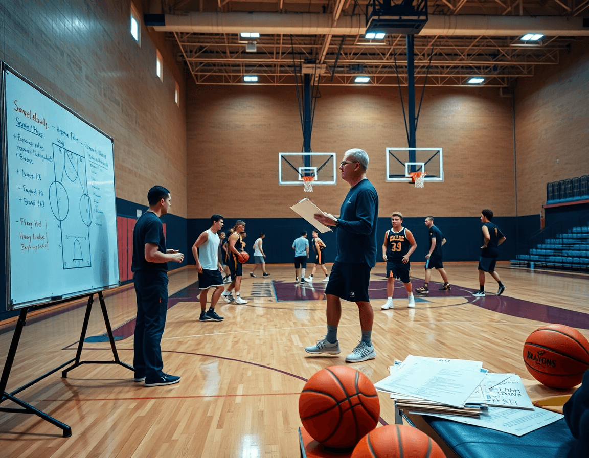Wide basketball gym scene with a coach guiding a team during a weekly basketball planner session.