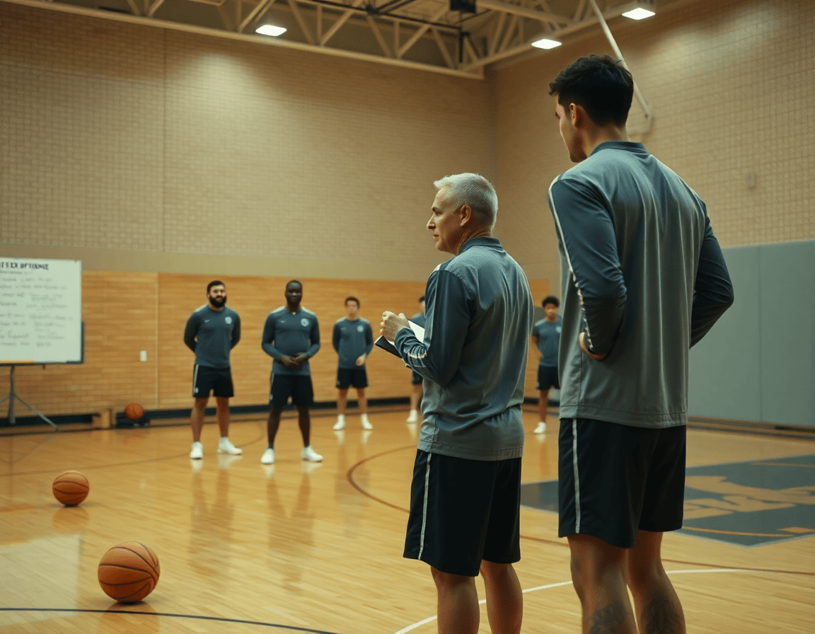 Wide basketball gym scene with coach and players practicing basketball flex offense on a polished court.