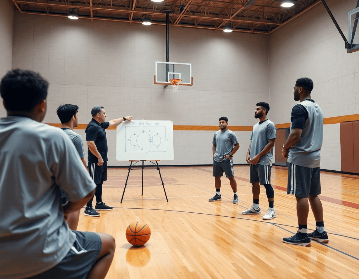 Closer view of pick and roll basketball plays being practiced in a bright basketball gym.