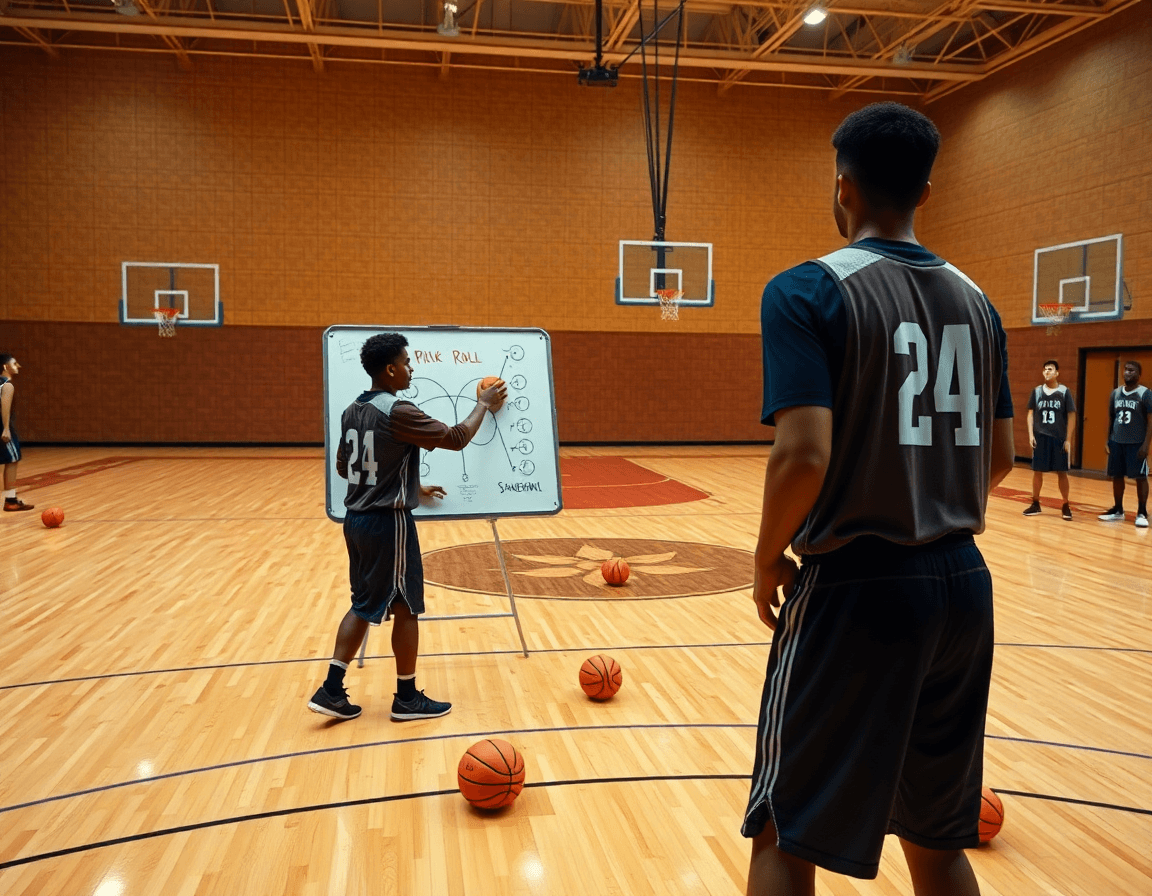 Two players practice pick and roll basketball plays near the top of the key in a sunlit gym.
