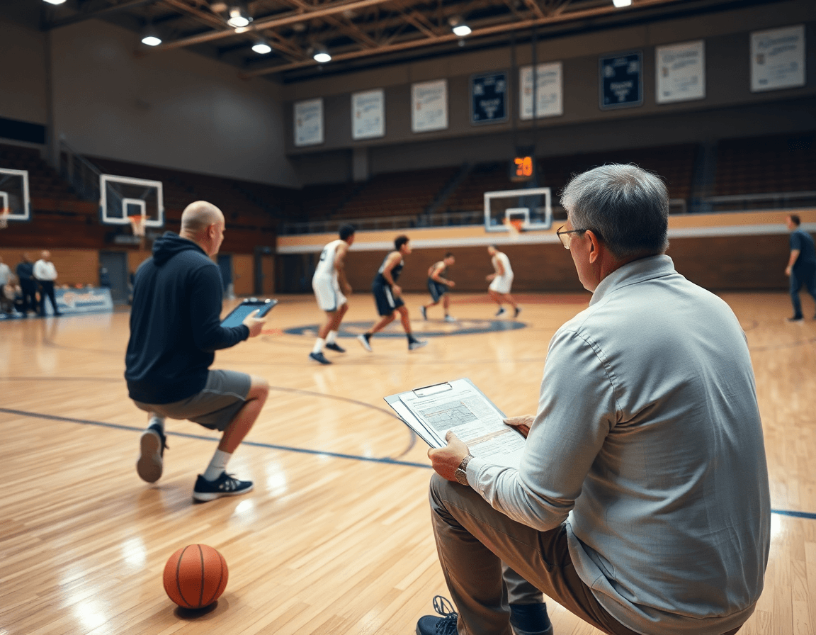 Coach reviews scouting pick and roll basketball plays with players on hardwood.