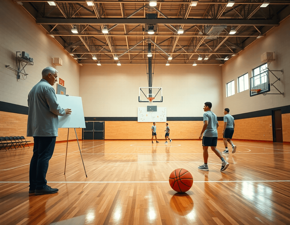 Hero shot capturing pick and roll basketball plays in a busy basketball gym during practice.
