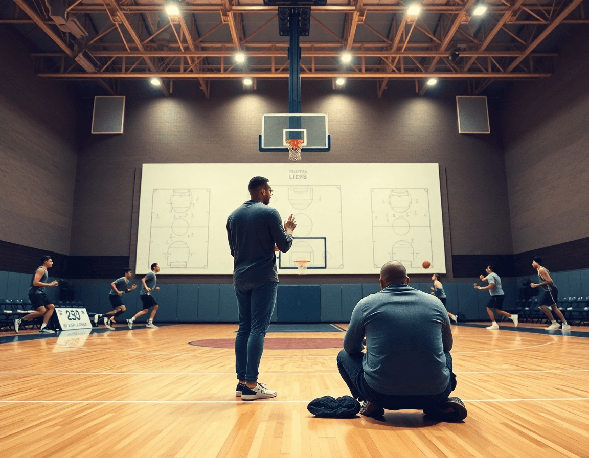 Wide gym scene showing basketball coach app planning on a whiteboard as players dribble on the hardwood.
