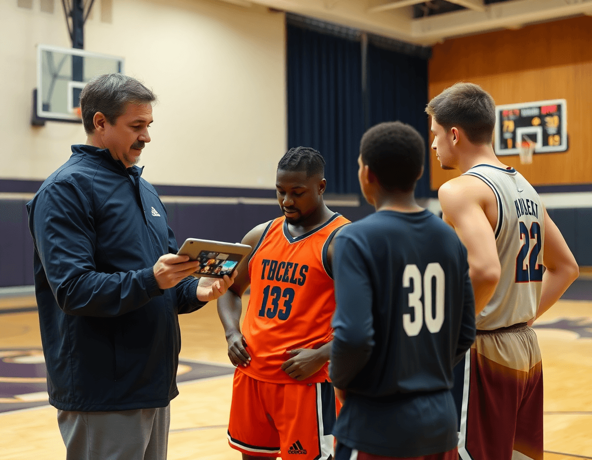 Video-driven session shows a basketball coach reviewing clips using a free basketball scouting report template on a tablet.
