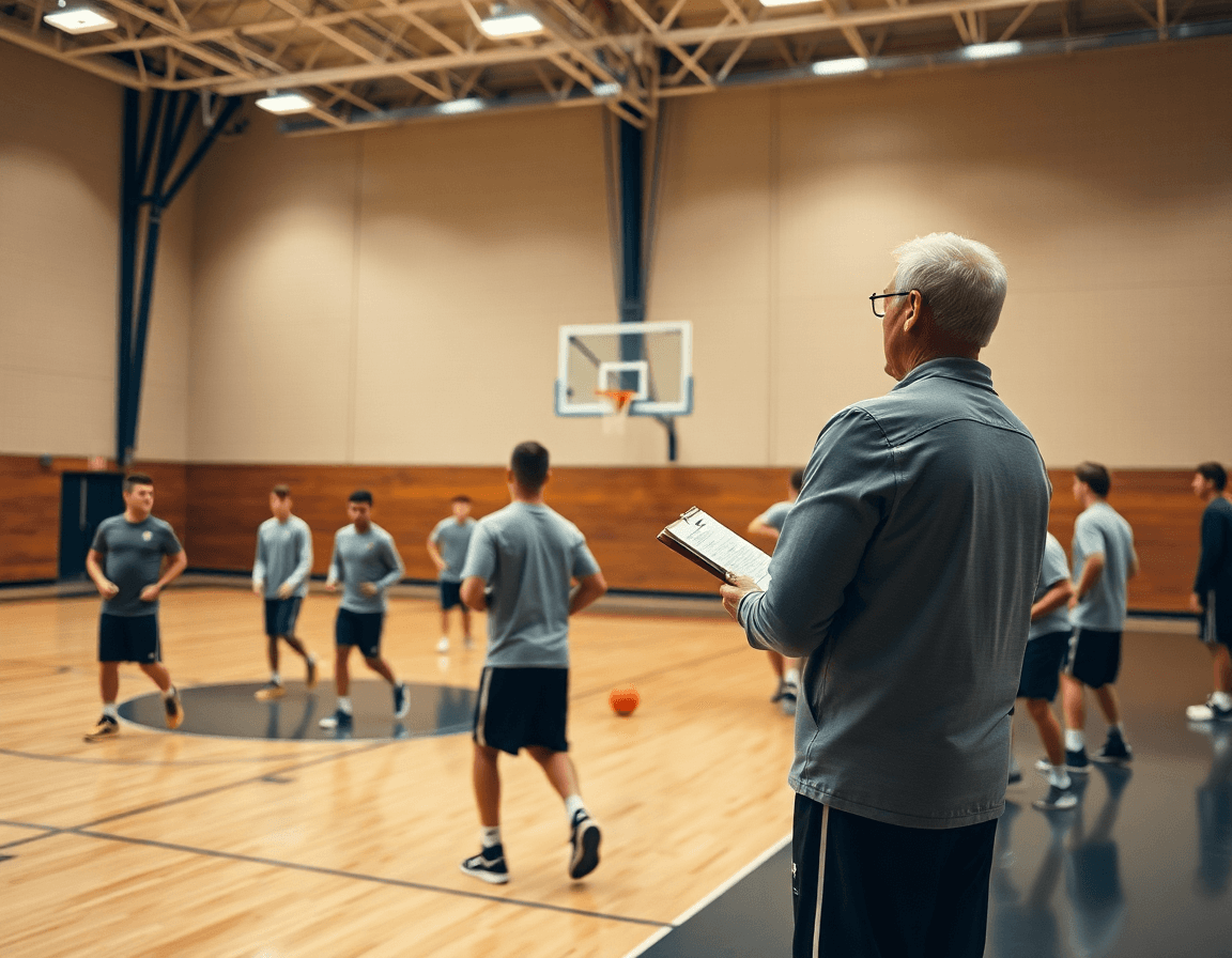 Wide shot of a basketball gym showing coach and team mid-practice, using a free basketball scouting report template.