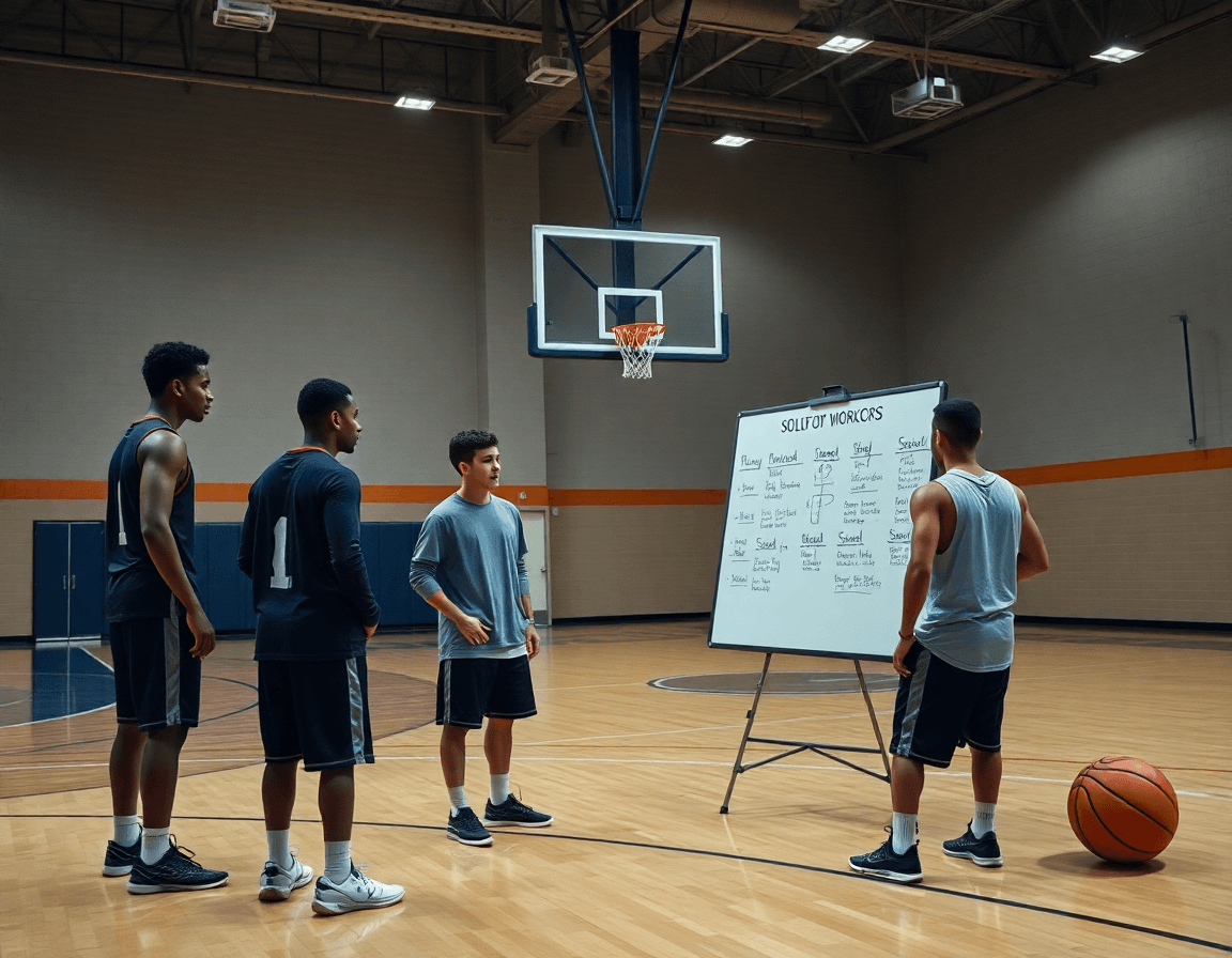 Players follow a coach-approved solo basketball workout plan on the court during practice.