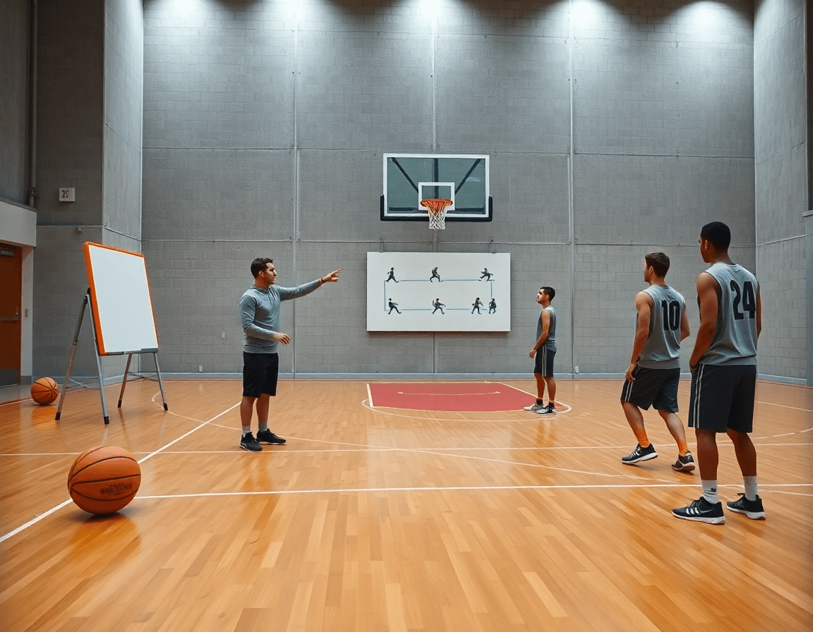 Wide shot of a coach guiding a solo basketball workout during a focused practice in a bright gym.