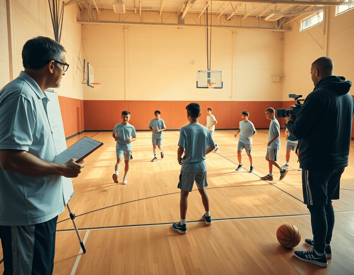 Tighter basketball drill sequence on hardwood for basketball drills for middle school tryouts.