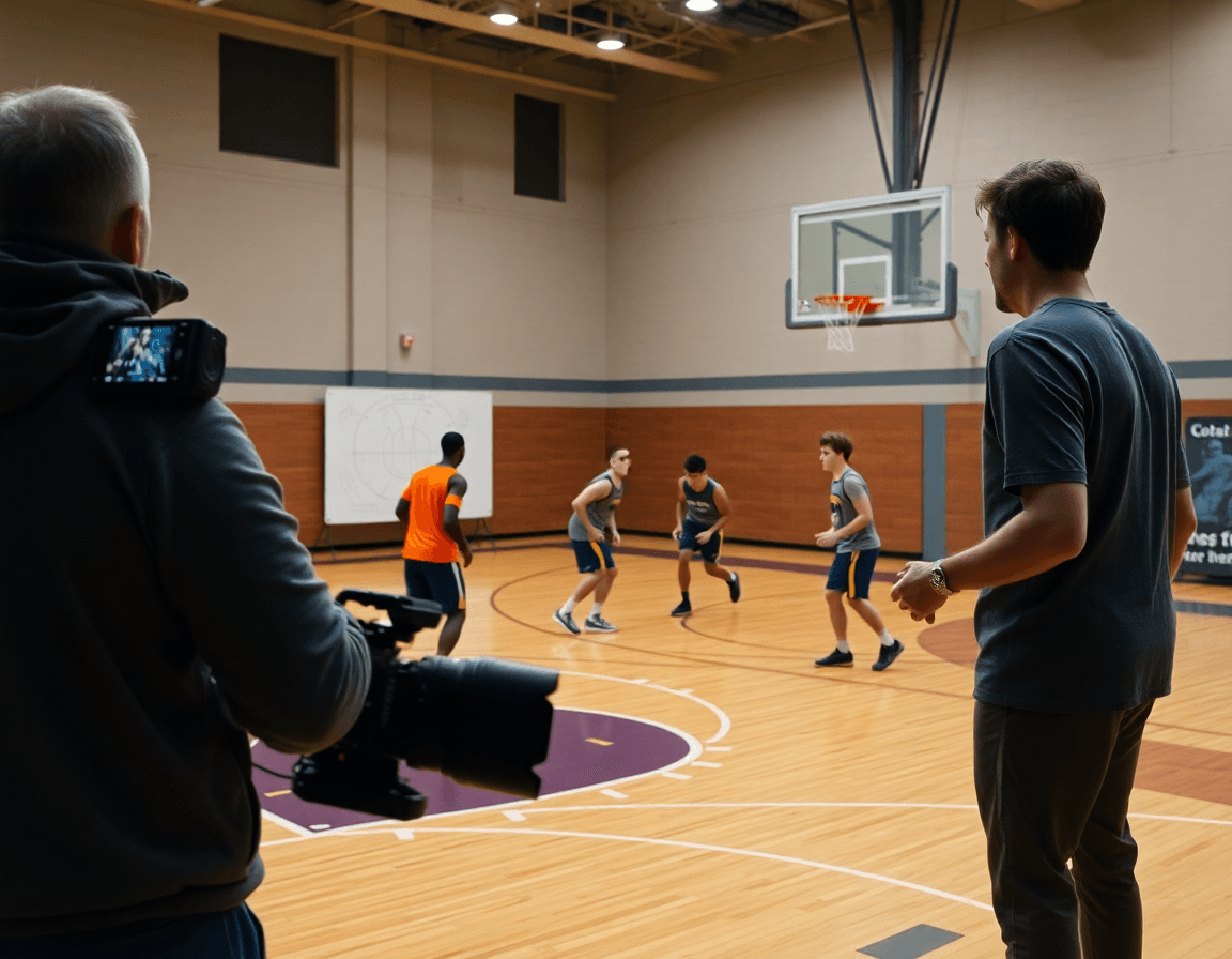 Mid-range close-up of basketball drills for middle school tryouts in a bright gym.