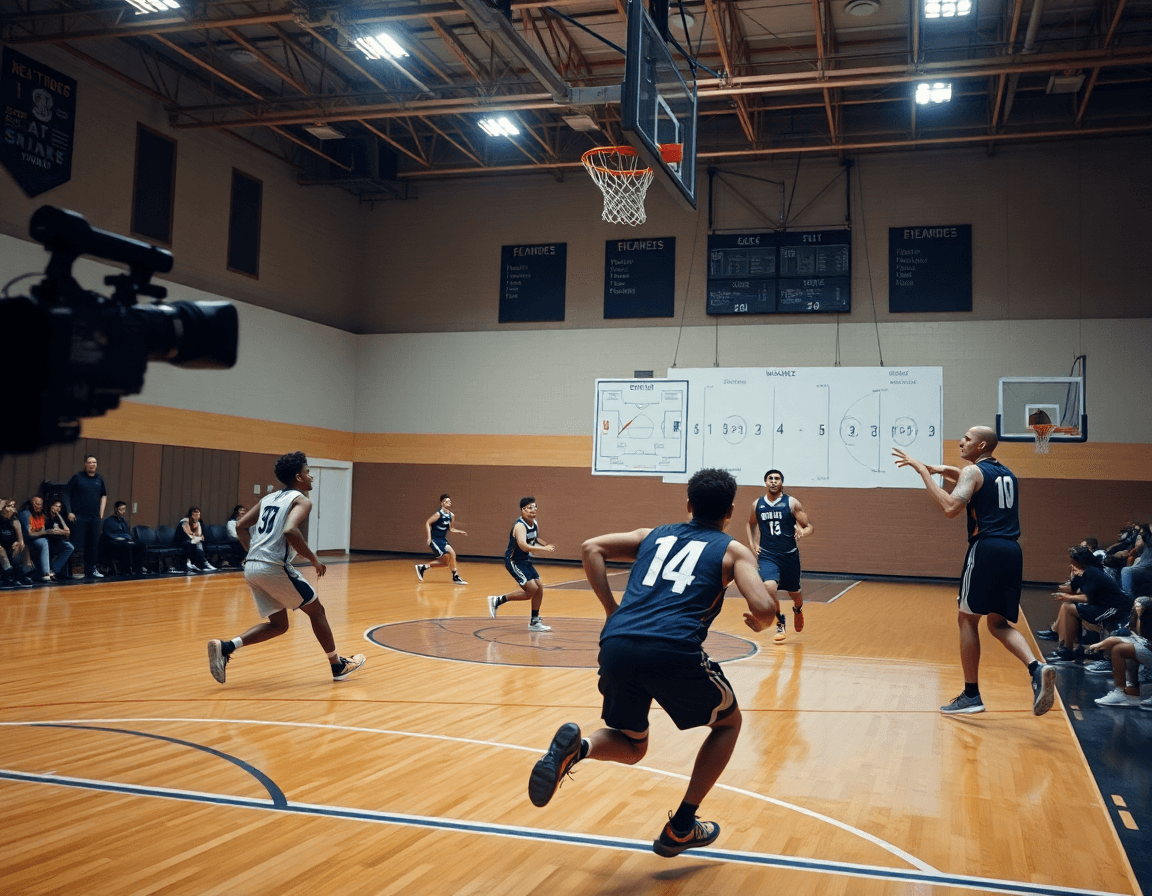 Full-court basketball moment illustrating basketball drills for middle school tryouts under bright gym lights.