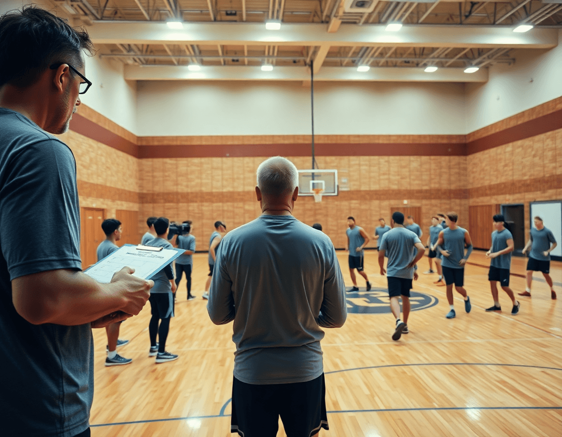 Wide basketball gym scene showing basketball drills for middle school tryouts with coach, players, and whiteboard.