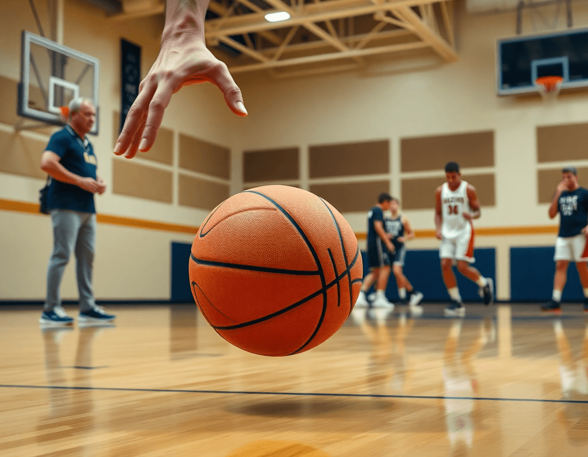 Close-up of hands dribbling a basketball during a solo drill in a basketball gym.