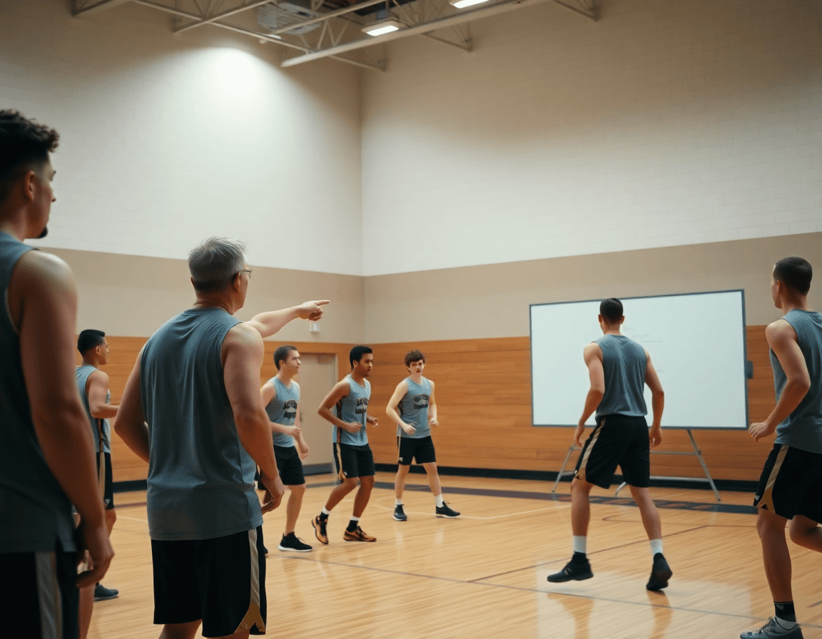 Coach pointing at a whiteboard while players run a basketball sequence during a basketball drill.