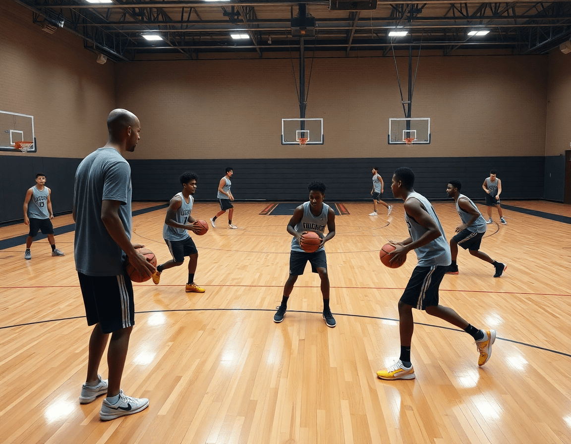 Full-court basketball drill progression with coach oversight during a focused gym practice.