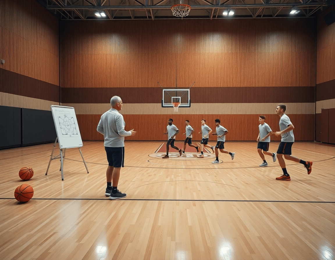 Wide shot of a basketball gym: coach and players practicing individual basketball drills during a team session.