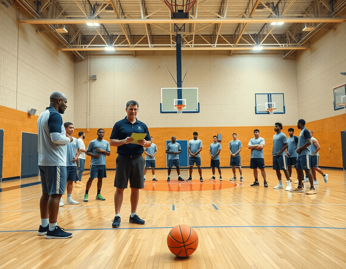 Coach explains what is a flex screen in basketball to players during practice.