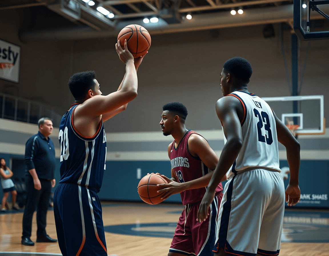 Two basketball players set a screen as the basketball handler reads a defender near the key.