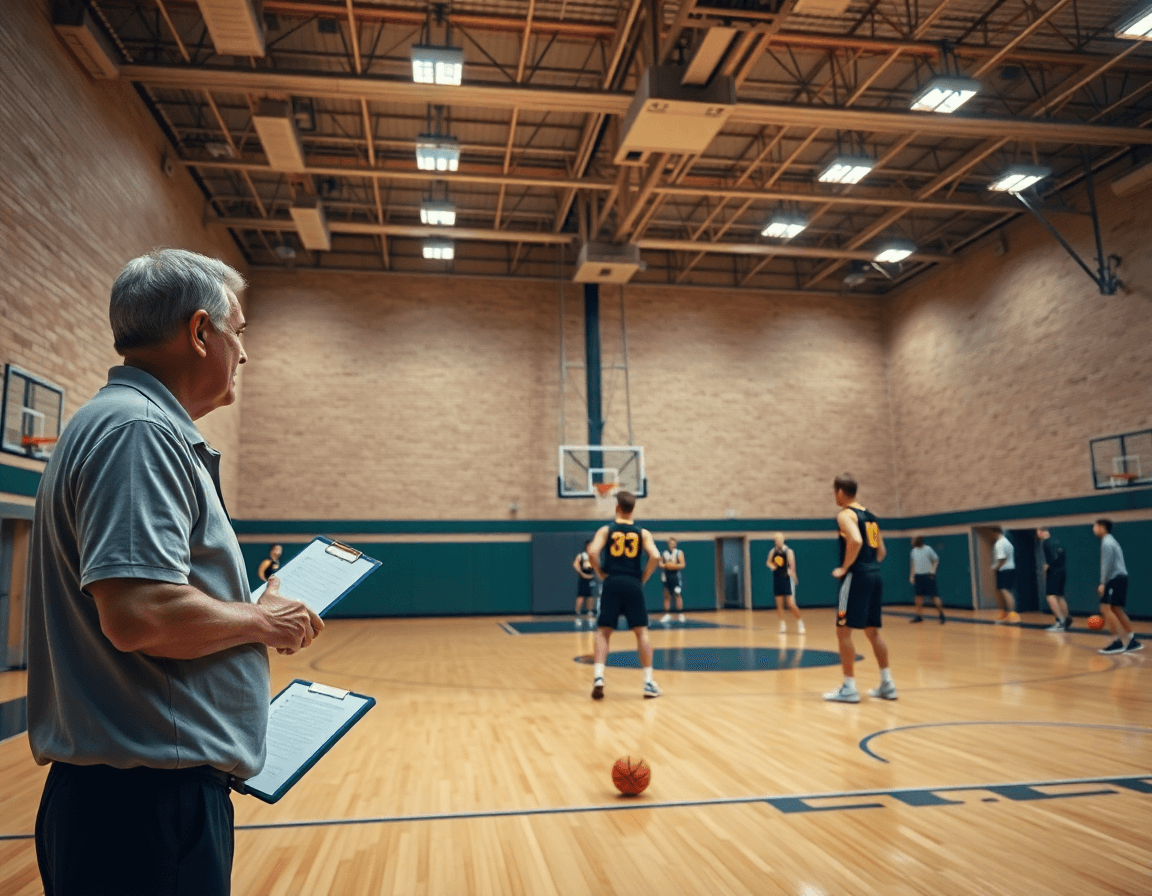 What is a screen in basketball? Coach guides players during a screen drill on the hardwood.