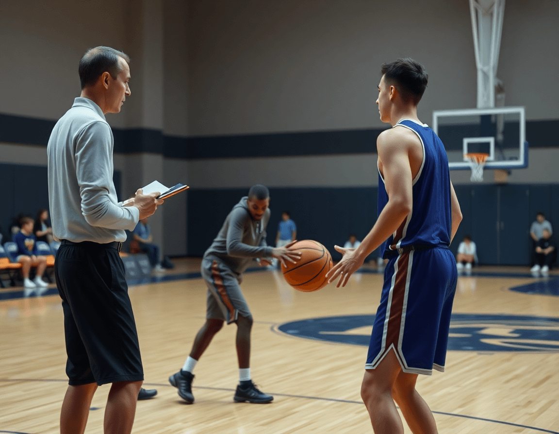 Two players guarding in basketball drill, coach notes matchups for better defense.