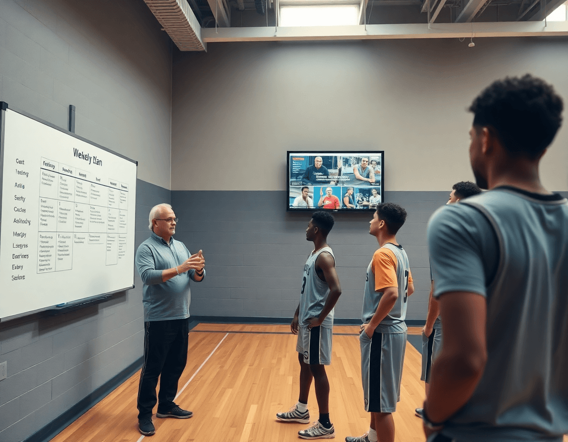 Weekly basketball plan on whiteboard, players drill and review clips in basketball gym.