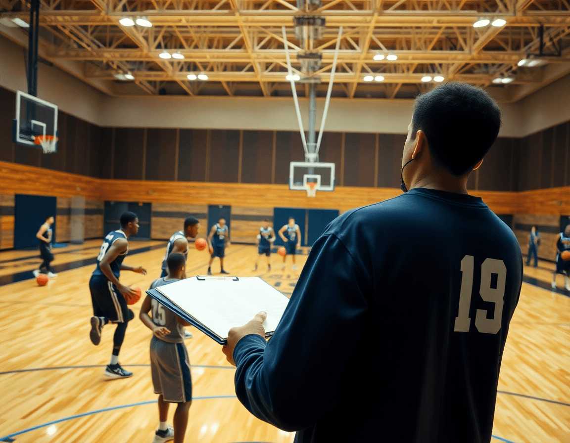 A coach explains what is man to man defense in basketball as players guard on the hardwood.