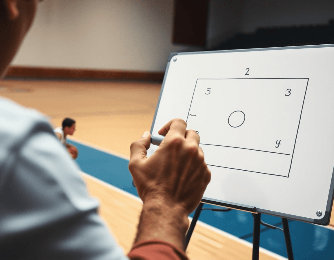 Alt: A coach sketches a simple basketball play on a whiteboard while a player dribbles a basketball.