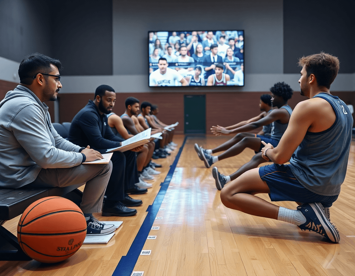 Alt: Youth basketball motion offense drills planning with video clips and scouting sheets on a bench near the court.