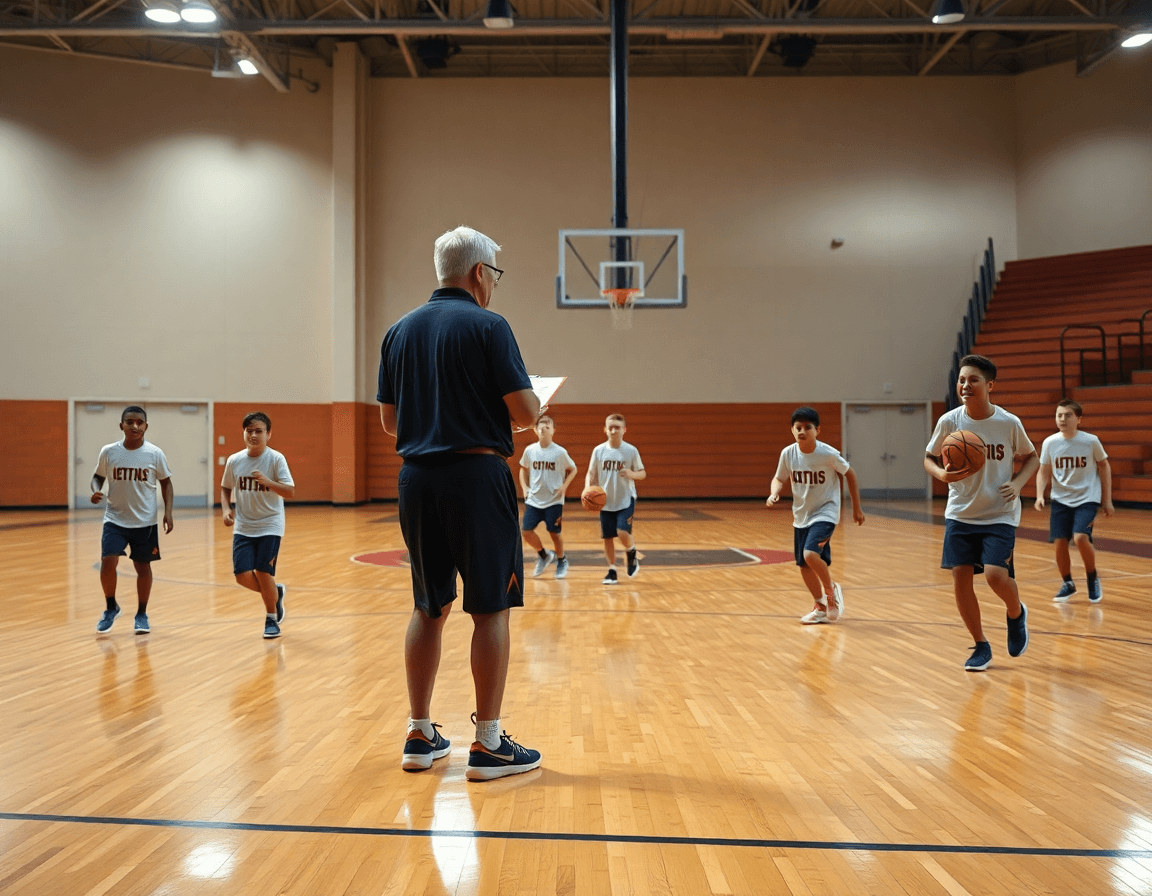 A wide shot of youth basketball motion offense drills on a hardwood gym floor with a coach.