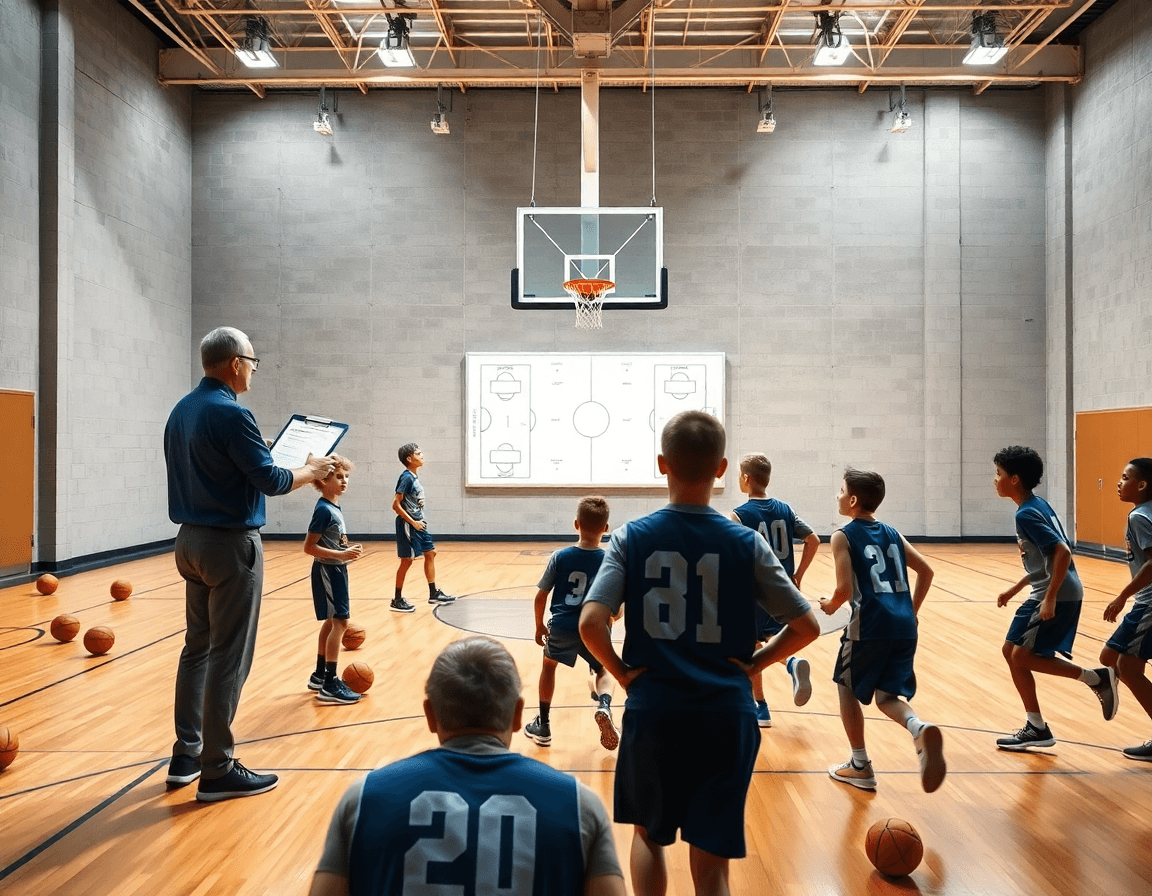 Coach demonstrates basketball offenses for youth on a bright gym court with a clipboard.