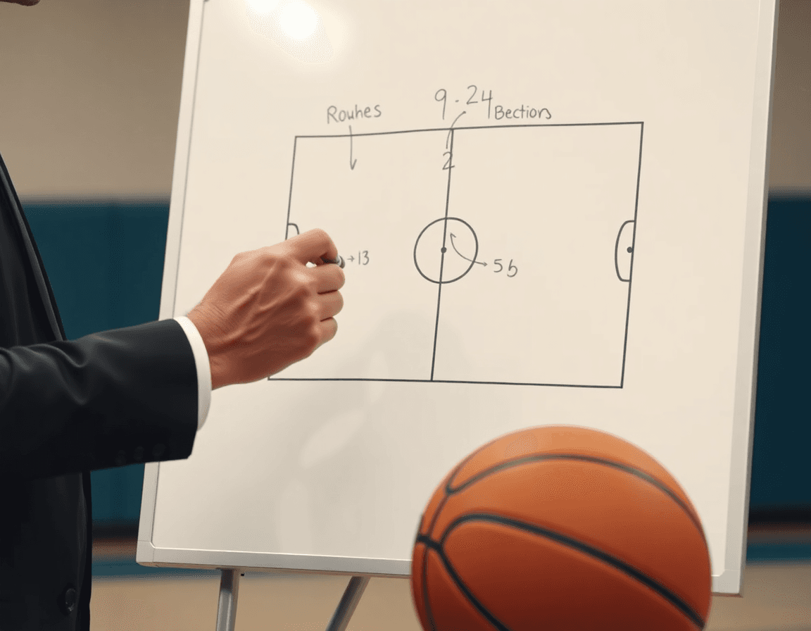Close-up on a coach's hands drawing a basketball play on a whiteboard while a basketball sits nearby.