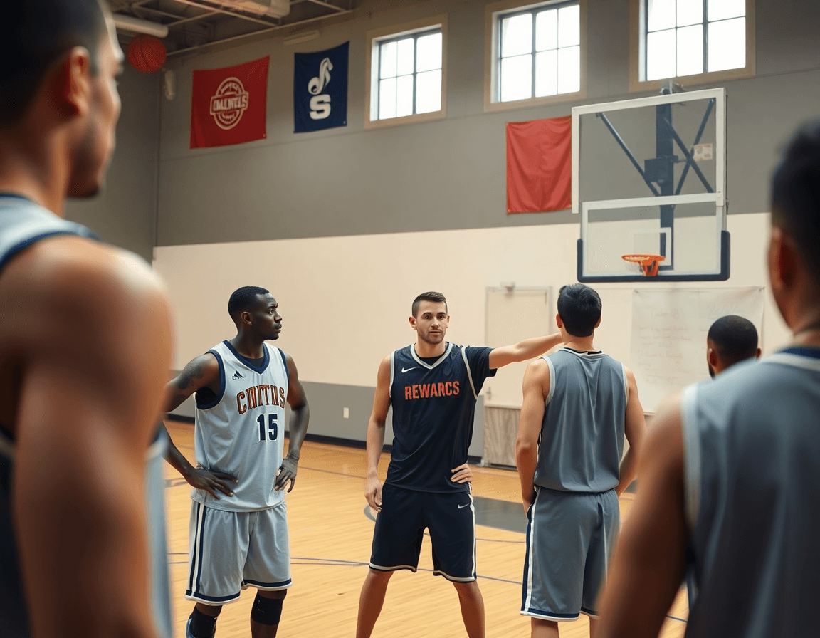 Close-up on players executing a basketball drill as the basketball coach points to a whiteboard with setup.