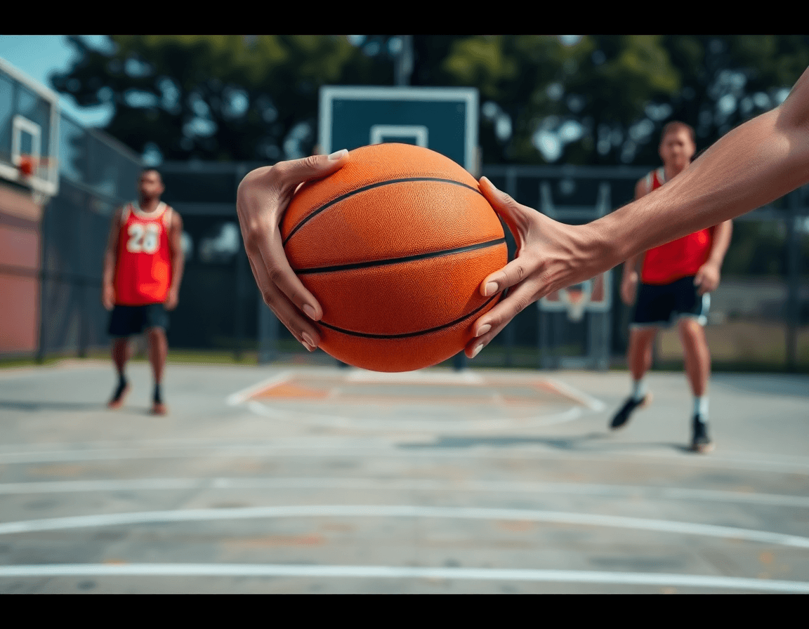 Close-up on hands passing an orange basketball during a transition drill on a concrete outdoor basketball court.