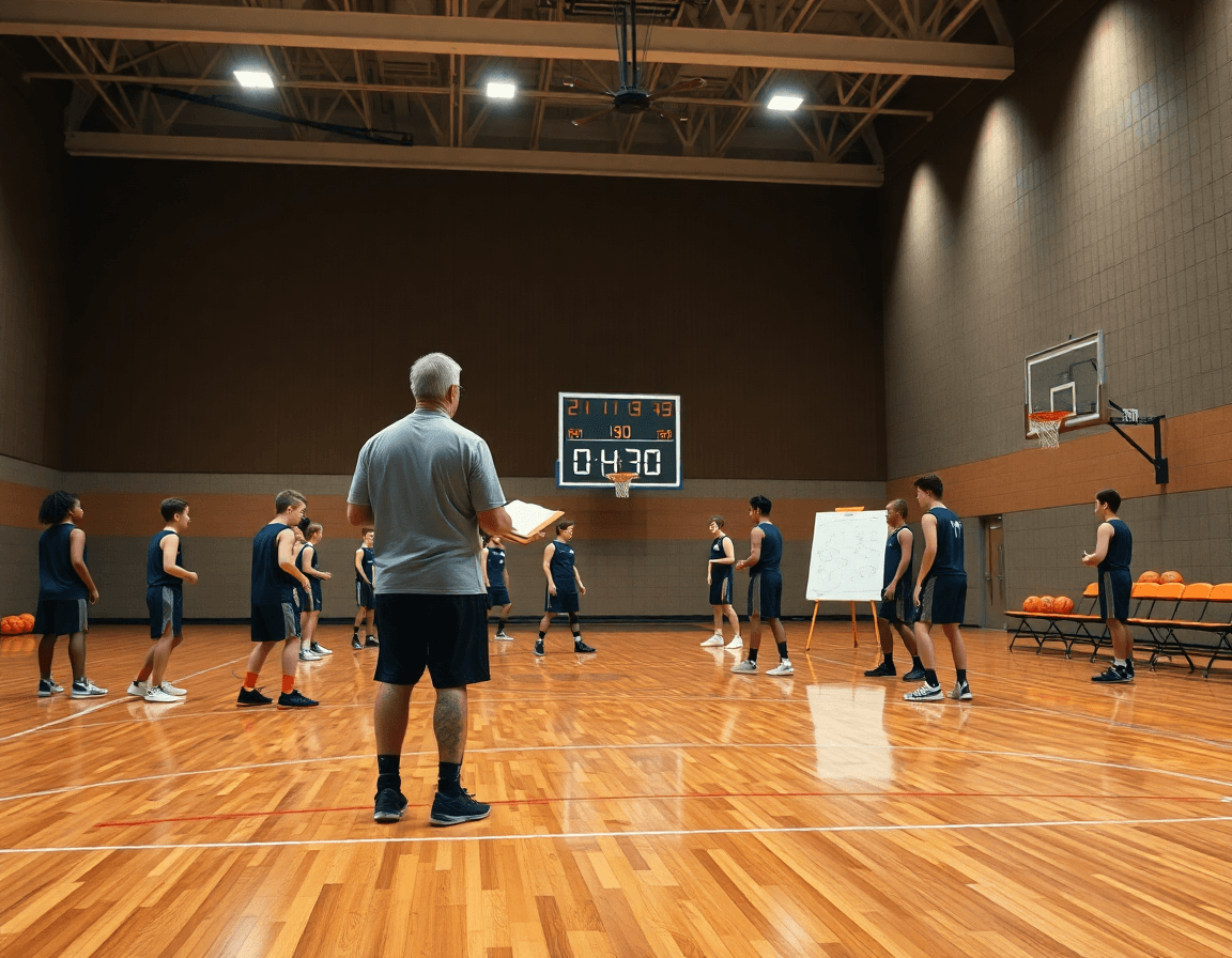 Wide shot of youth basketball practice featuring a coach with a youth basketball practice plan template.