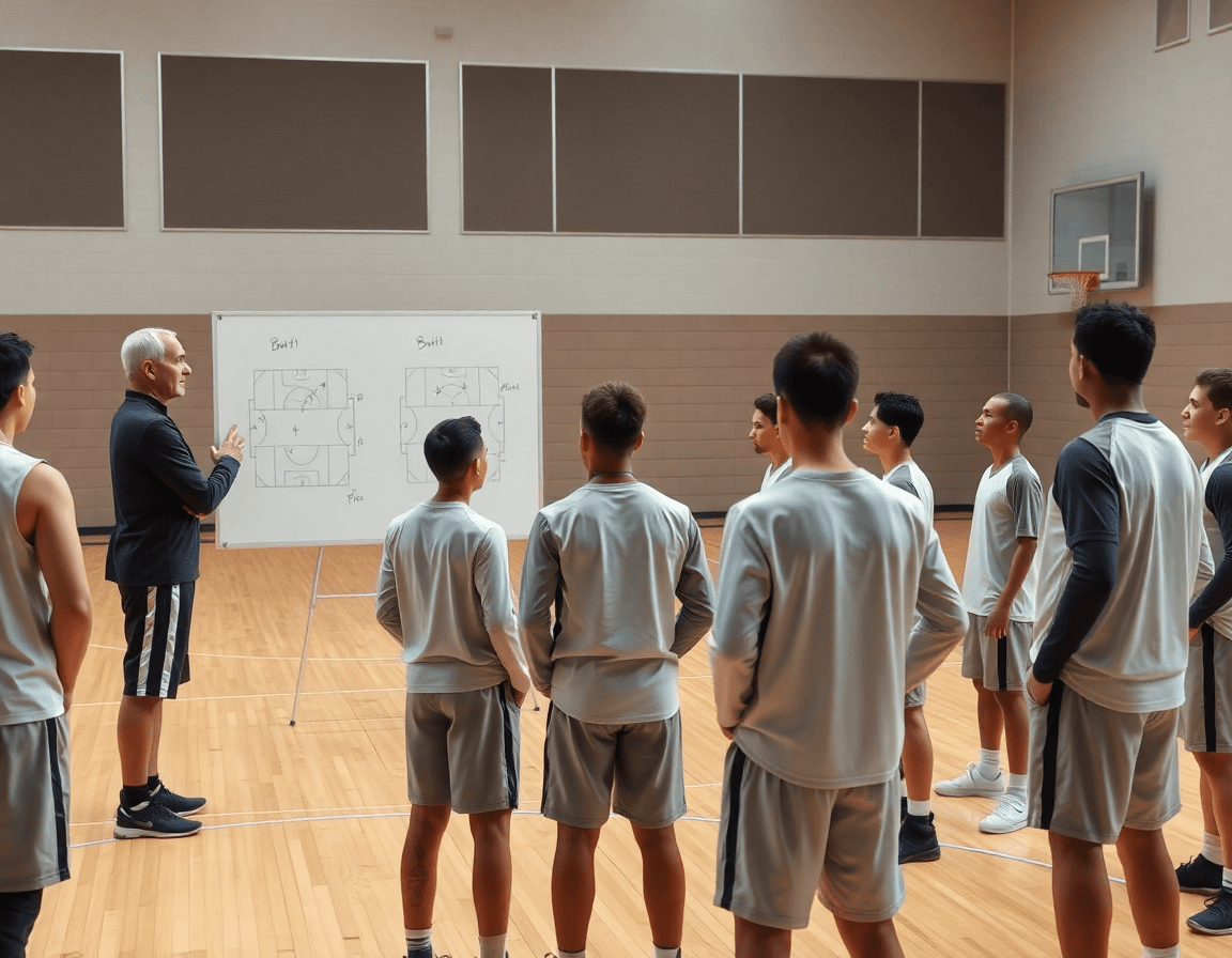 Coach explains basketball drills on a whiteboard as players watch the sketches on the basketball court.