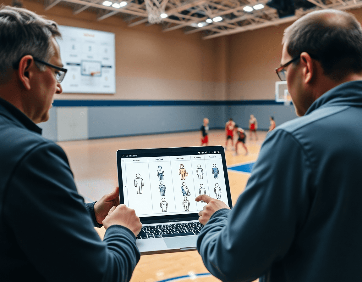 Coaches review scouting notes beside youth basketball practice plans templates on a plan board.