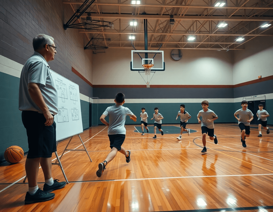 Wide shot of youth basketball practice plans templates in a bright gym with a coach and players.