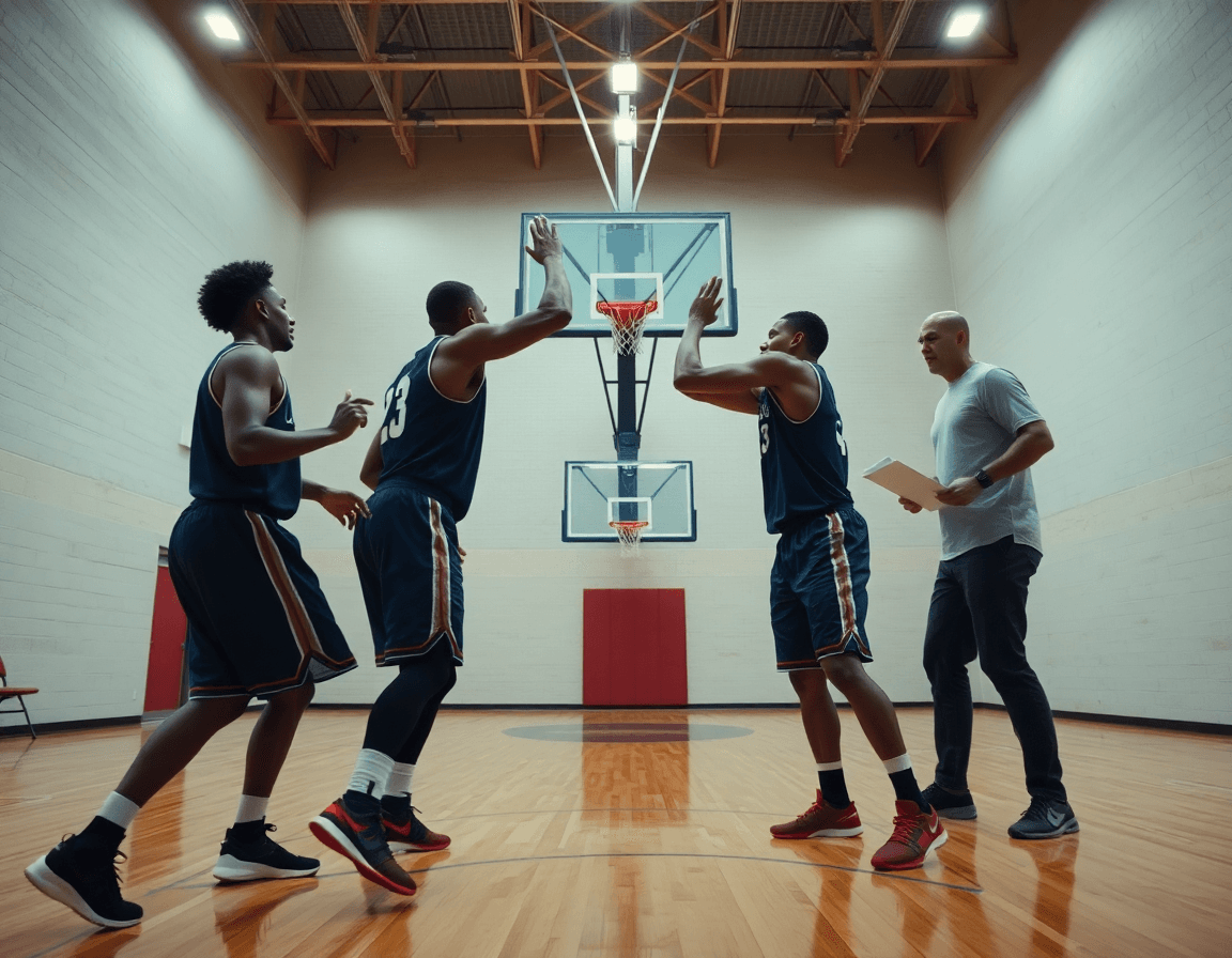 Close-up of two basketball players at the key during drills, youth basketball camp daily schedule pdf concept.