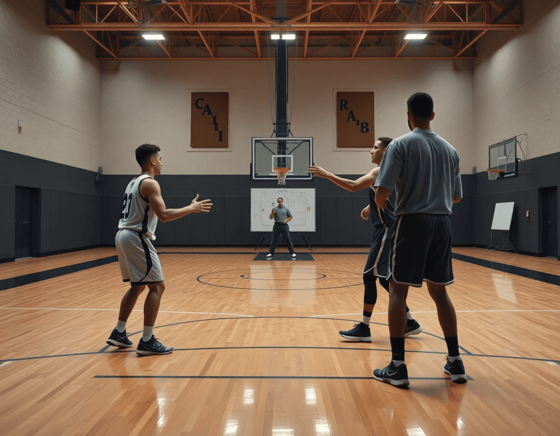 Three basketball players practicing a passing drill on the hardwood basketball court.