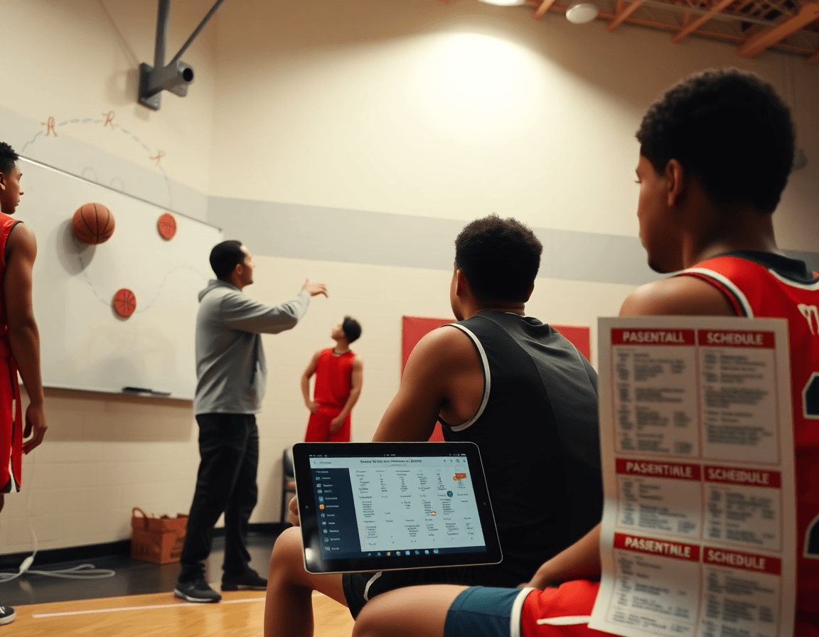 Coach points to a drawn play on the whiteboard as players reach for a basketball on the floor.