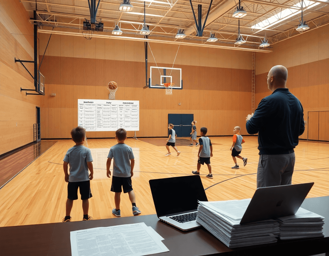 Wide gym scene showing youth basketball camp daily schedule pdf on the coach's whiteboard.