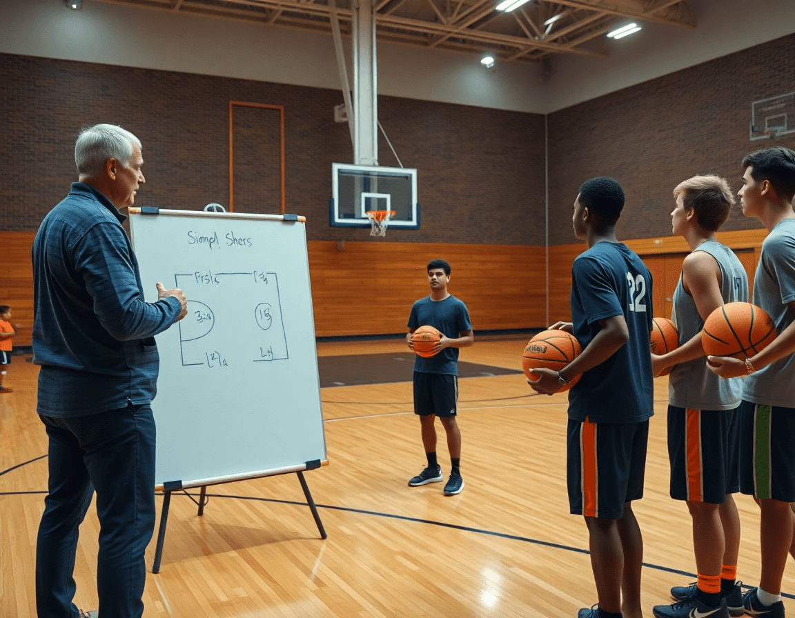 Coach explains shooting patterns during youth shooting drills with a whiteboard and basketball cues by the hoop.